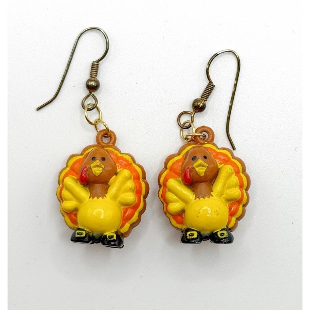 Vintage Russ Plastic Thanksgiving Strutting Turkey Dangle Drop‎ Pierced Earrings